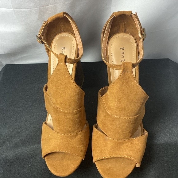 BAMBOO WO SIZE 10 CARAMEL BROWN SUEDE LIKE 4” HEELED ANKLE STRAP SANDAL … - Picture 15 of 16